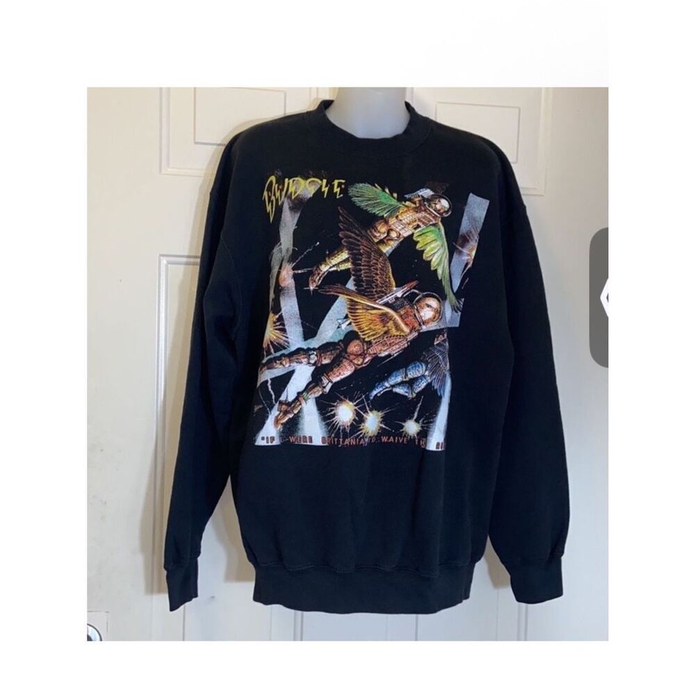 VTG,Budgie 30 Anniversary Black Graphic Crewneck Sweatshirt with Aviator Print